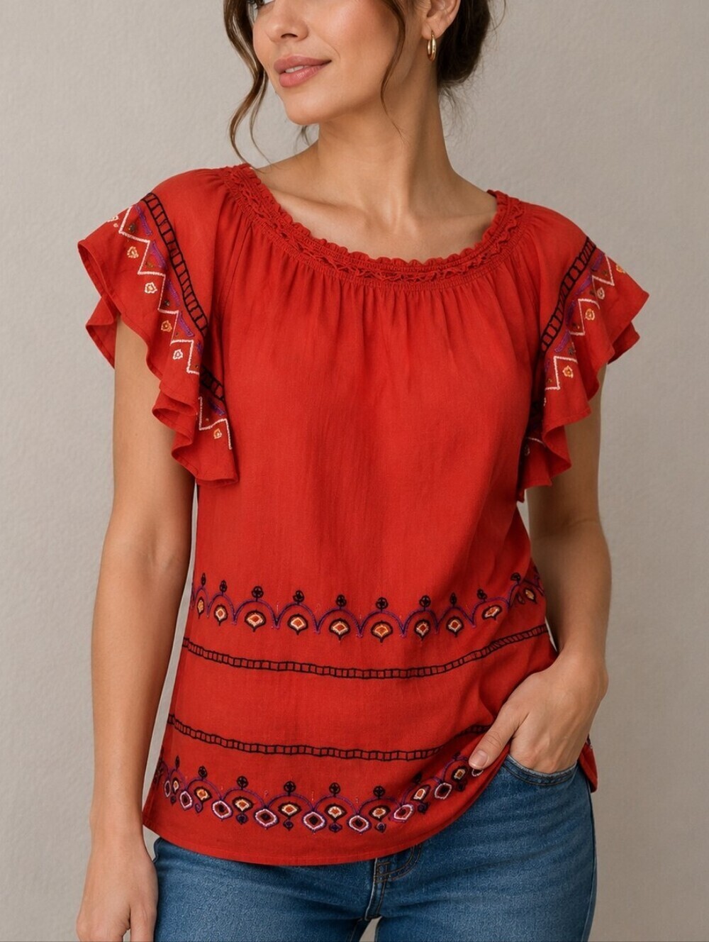 For THE REPUBLIC Mexican Red Aztec Embroidered Off Shoulder Fiesta Blouse
